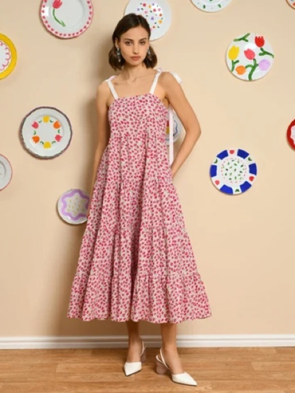Sister Jane Pink Floral Tie-Strap Tiered Midi Dress